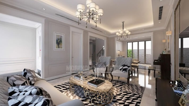 Thiết kế nội thất phòng khách thoáng mát và sang chảnh với mẫu đồ nội thất tự nhiên màu trắng sữa kết hợp chi tiết màu đen lôi cuốn Thiết kế phòng khách đẹp