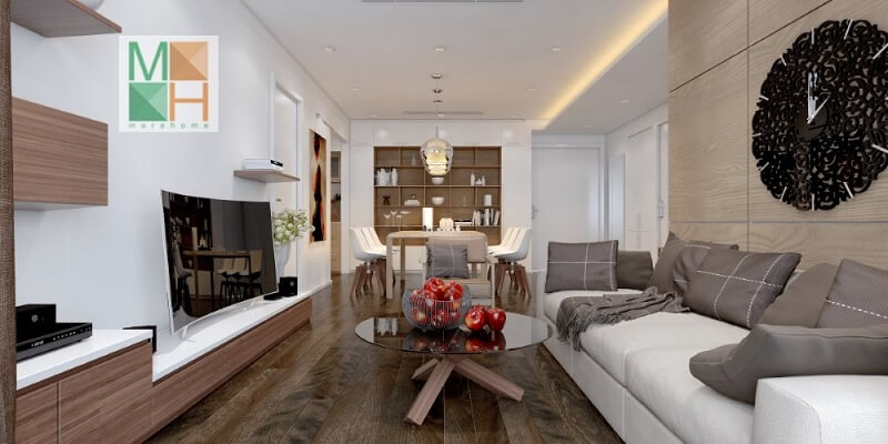 Thiết kế nội thất phòng khách chung cư nhỏ gọn với kệ ti vi treo tường kết hợp bộ sofa màu trắng với gối tựa màu ghi tạo điểm nhấn nổi bật cho căn phòng Thiết kế phòng khách đẹp
