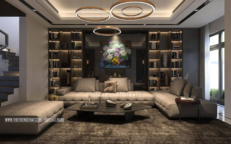 Sofa hiện đại màu xám cao cấp đẹp tạo điểm nhấn ấn tượng cho phòng khách rộng, lớn. Thiết kế phòng khách đẹp