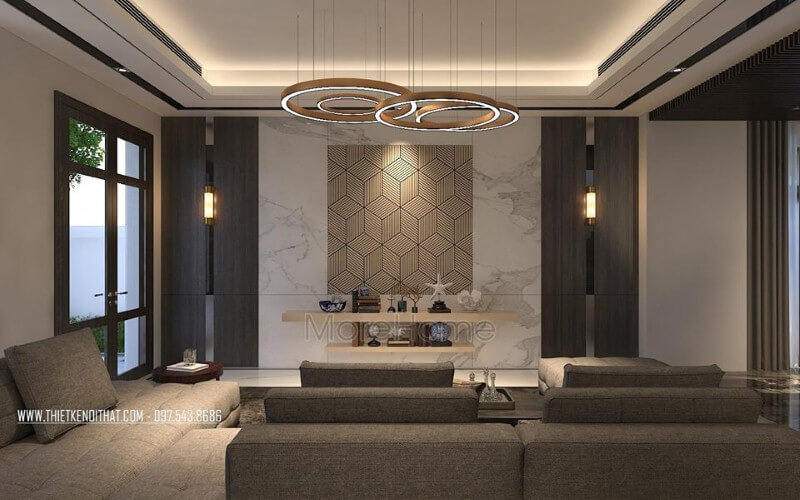 Đá ốp tường vân mây cùng họa tiết 3D điểm nhấn tạo góc nhìn độc đáo, sang trọng cho phòng khách biệt thự, nhà phố hiện đại. Thiết kế phòng khách đẹp