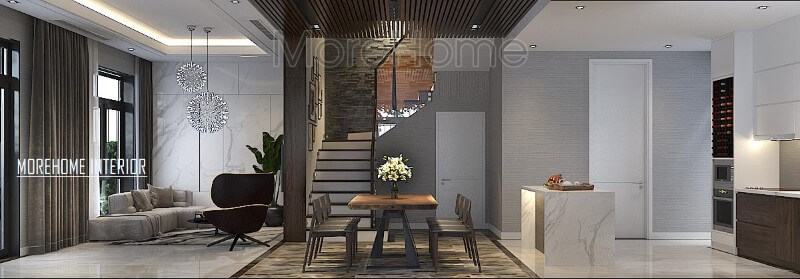 Phối cảnh bố trí hiện đại đẹp cho biệt thự nhà phố với ý tưởng thiết kế phòng khách liền bếp ăn. Thiết kế phòng khách đẹp