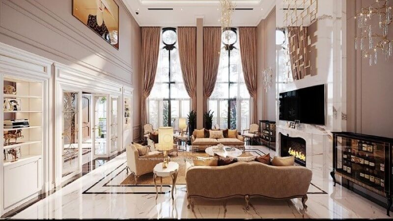 Bố trí nội thất phòng khách tân cổ điển đẹp, sang trọng tại Vinhomes Imperia Hải Phòng. BST thiết kế phòng khách phong cách đa dạng