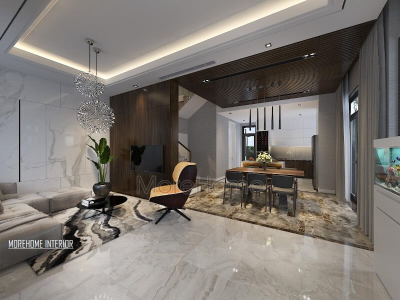 Mẫu thiết kế phòng khách liền bếp hiện đại, sang trọng với đá làn sát phòng ăn tạo không gian ngầm tách biệt giữa khách và bếp. Danh sách các mẫu bố trí phòng khách sang trọng