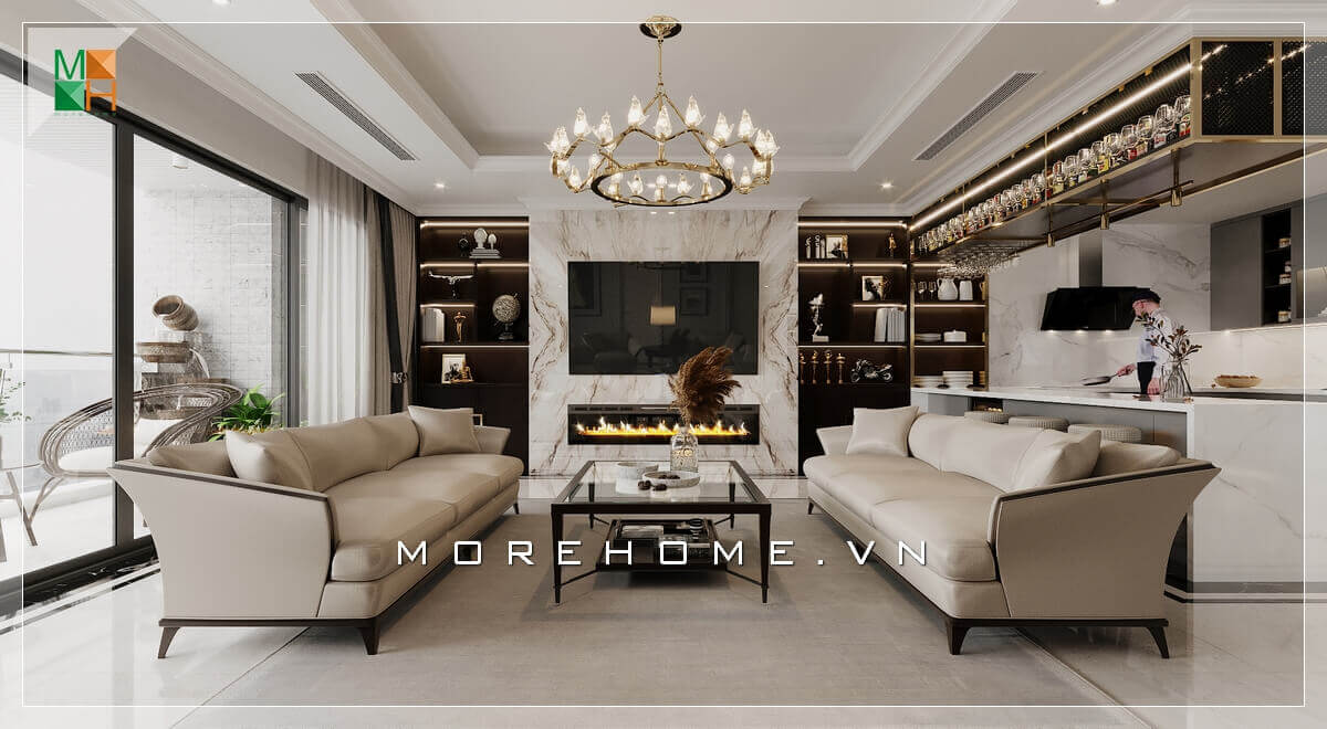 Ấn tượng mẫu đá ốp đối vân tường treo tivi hiện đại và sang trọng khiến căn phòng khách trở nên sáng tạo và độc đáo hơn. Danh sách các mẫu bố trí phòng khách sang trọng