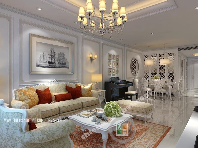 Trang trí nội thất phòng khách chung cư cao cấp phong cách tân cổ điển Bố trí nội thất phòng khách ấn tượng