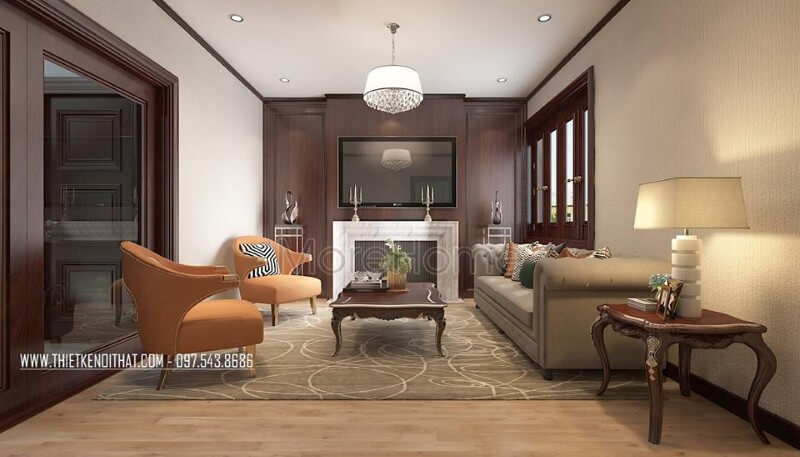 Trang trí nội thất phòng khách biệt thự tân cổ điển nhẹ nhàng, không quá cầu kì vào từng chi tiết nhỏ, tạo nên không gian sang chảnh và thoáng đãng hơn Bố trí nội thất phòng khách ấn tượng