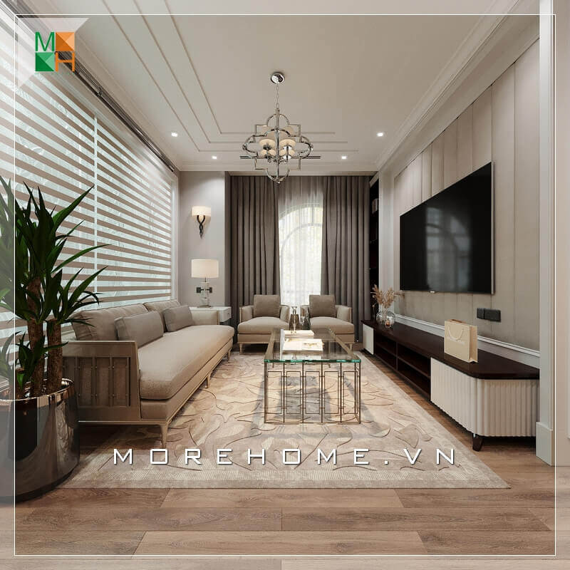 Morehome gợi ý cho bạn mẫu thiết kế nội thất phòng khách chung cư, nhà phố tiện nghi và sang trọng mang phong cách tân cổ điển. Tổng hợp các mẫu thiết kế phòng khách đẳng cấp sang trọng