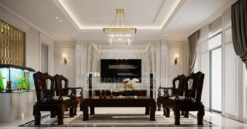 Đá tự nhiên ốp tường tạo điểm nhấn sang trọng độc đáo cho phòng khách cao cấp. Những mẫu thiết kế phòng khách đẹp và sang trọng nhất