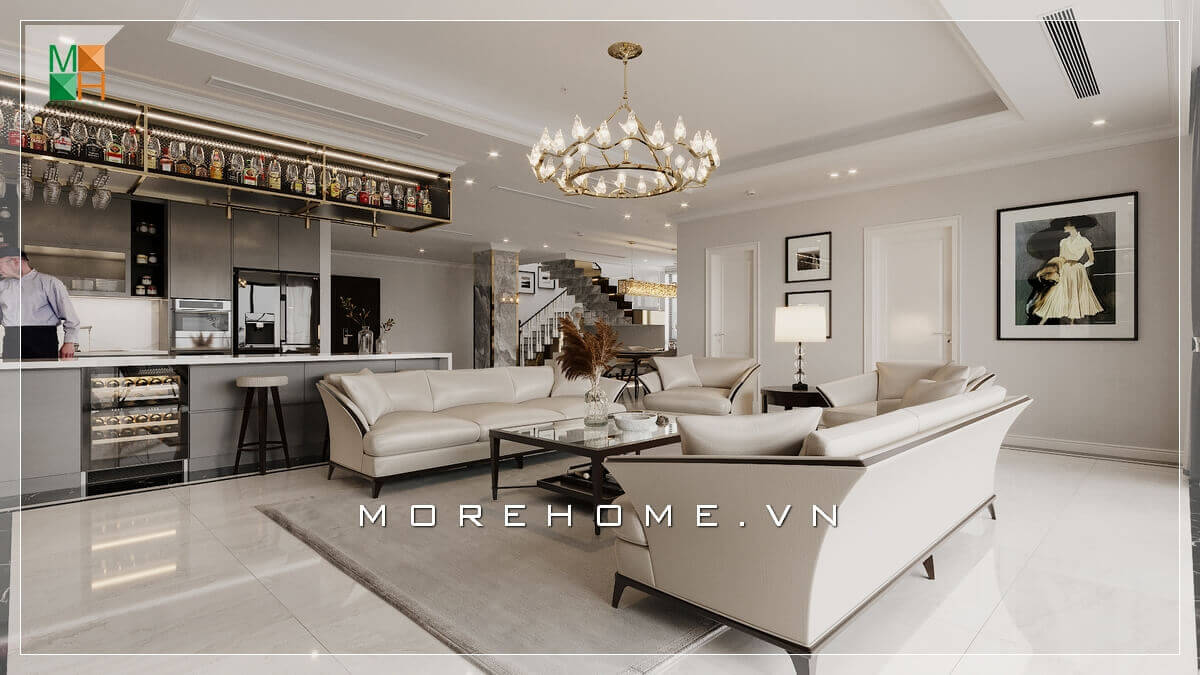Với tone màu trắng chủ đạo thì bộ bàn ghế sofa cao cấp màu trắng là một sự kết hợp hoàn hảo tạo nên một không gian phòng khách sang trọng và tiện nghi, Tham khảo các mẫu thiết kế phòng khách sang trọng