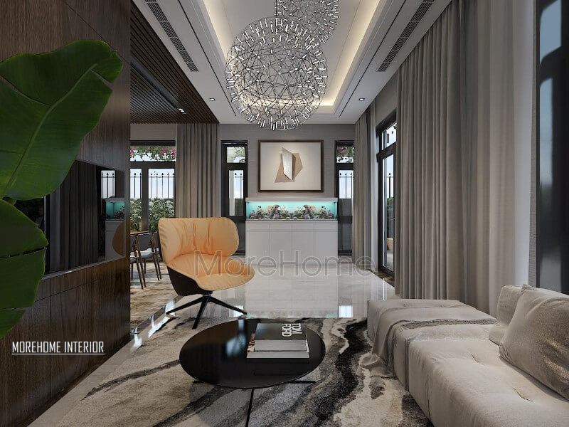 Bố trí nội thất phòng khách hiện đại độc đáo với bể cá phong thủy. Khám phá các mẫu thiết kế phòng khách sang trọng