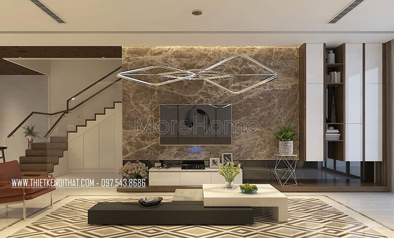 Thiết kế nội thất phòng khách hiện đại kết hợp giữa màu trắng và mảng trường màu tối bằng đá tự nhiên cao cấp tạo sự hài hòa, sang trọng Đón xem các mẫu thiết kế phòng khách ấn tượng