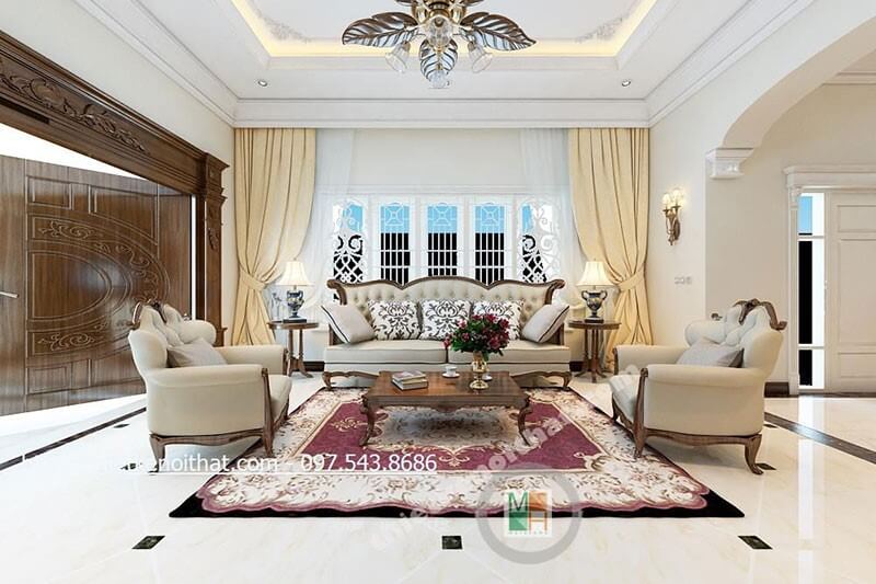 Thiết kế phòng khách rộng với nội thất gỗ tự nhiên tone màu trắng tạo không gian phòng cao cấp sang trọng Đón xem các mẫu thiết kế phòng khách ấn tượng