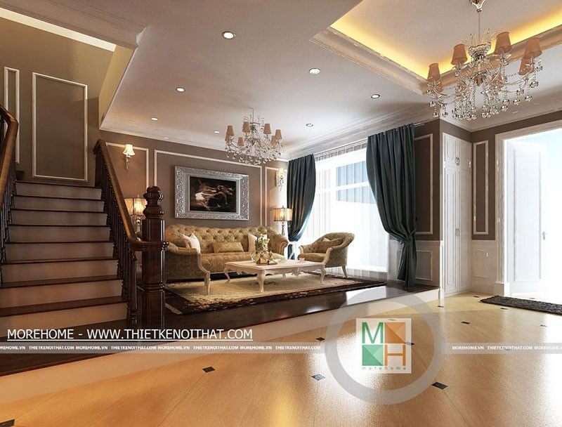 Thiết kế nội thất phòng khách với những chi tiết từ tranh ảnh, đèn tạo nét tân cổ điển ấn tượng, sang trọng hơn cho căn phòng Đón xem các mẫu thiết kế phòng khách ấn tượng