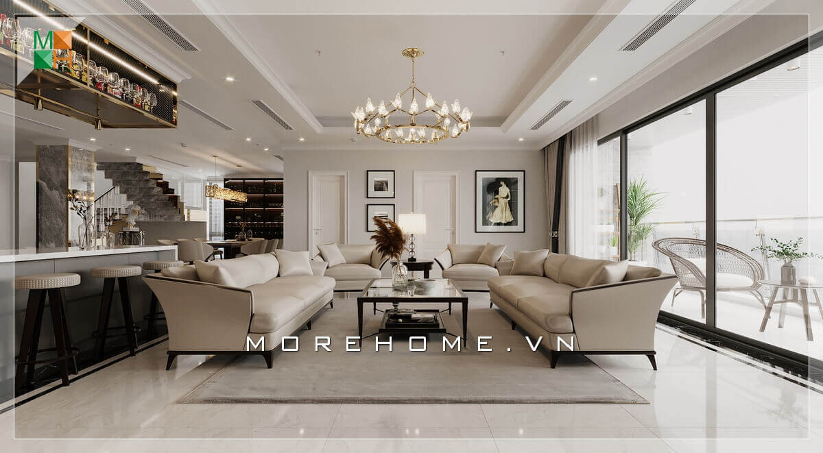 Mẫu sofa cao cấp đẹp, sang trọng, chất liệu chính của bộ bàn ghế sofa là bọc da chân gỗ đẹp màu trắng sữa phù hợp với tone màu chủ đạo của căn nhà. Đón xem các mẫu thiết kế phòng khách ấn tượng