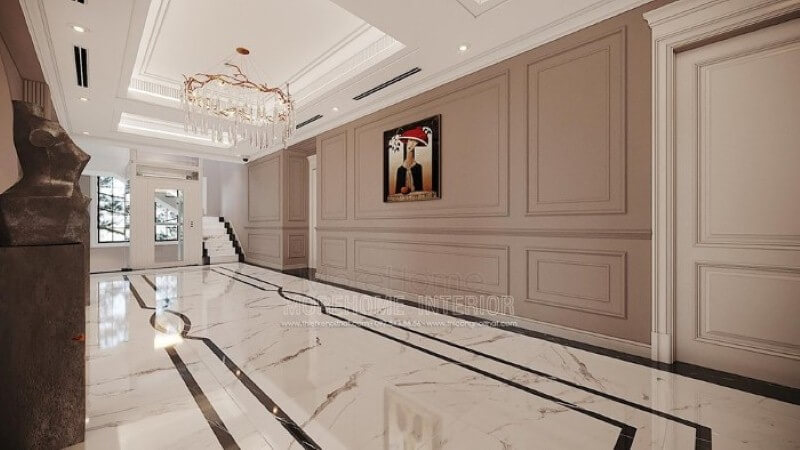 Thiết kế hành lang đẹp ấn tượng với đèn treo tường pha lê cao cấp. Thiết kế nội thất