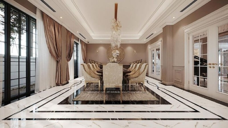 Sắp xếp nội thất phòng ăn đương đại ấn tượng với không gian mở thông thoáng. Thiết kế nội thất