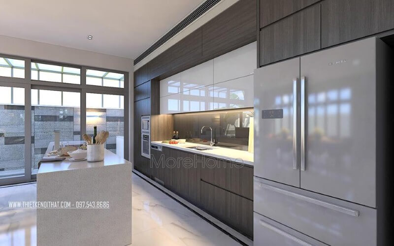 Bàn đảo đá tự nhiên trắng cao cấp lựa chọn ấn tượng cho không gian bếp hiện đại, sang trọng. Thiết kế nội thất
