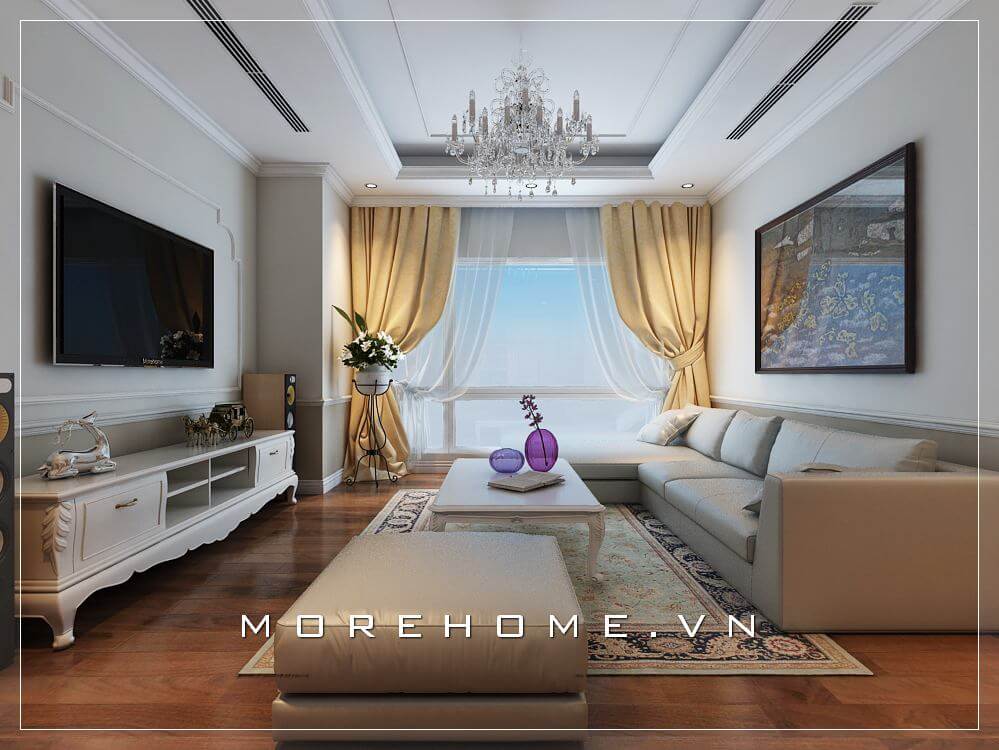 Bố trí phòng khách hiện đại với nội thất gỗ tự nhiên tone màu trắng sang trọng, thể hiện đẳng cấp của gia chủ Thiết kế nội thất