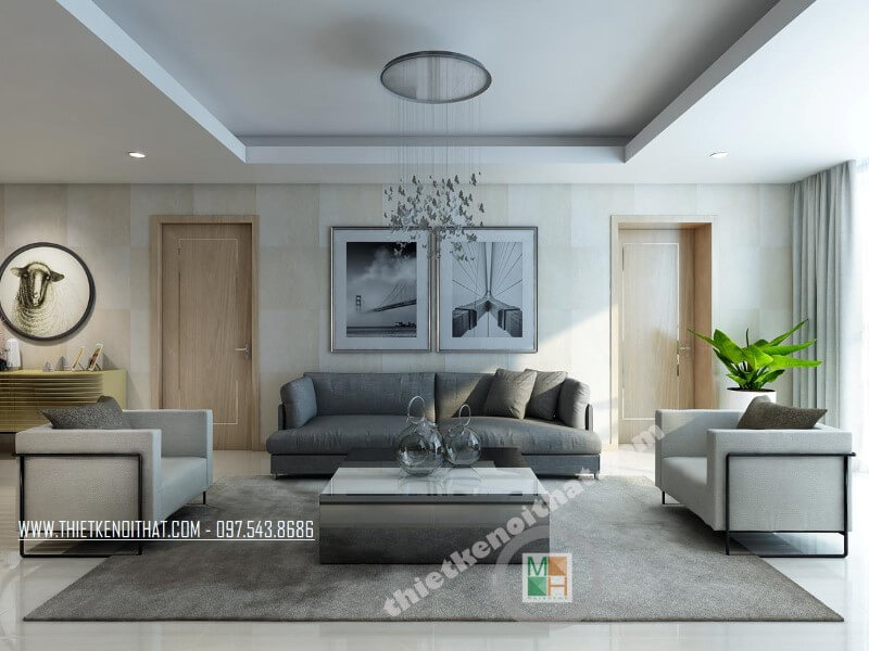 Mẫu thiết kế phòng khách chung cư sang trọng với bộ sofa bọc vài màu xám và trắng tạo điểm nhấn nổi bật cho căn phòng. Thiết kế nội thất