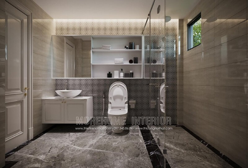 Gương soi hình chữ nhật đơn giản nhưng lại tạo nét đẹp ấn tượng trong trang trí phòng tắm. Thiết kế nội thất