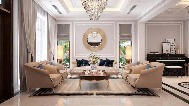 Bộ bàn ghế sofa tân cổ điển mạ vàng gam màu trắng sữa nhẹ nhàng nhưng lại tạo điểm nhấn đẹp, sang trọng cho phòng khách. Thiết kế nội thất