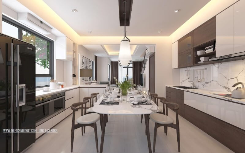 Phòng bếp hiện đại độc đáo với nội thất gỗ óc chó chủ điểm nhấn. Thiết kế nội thất