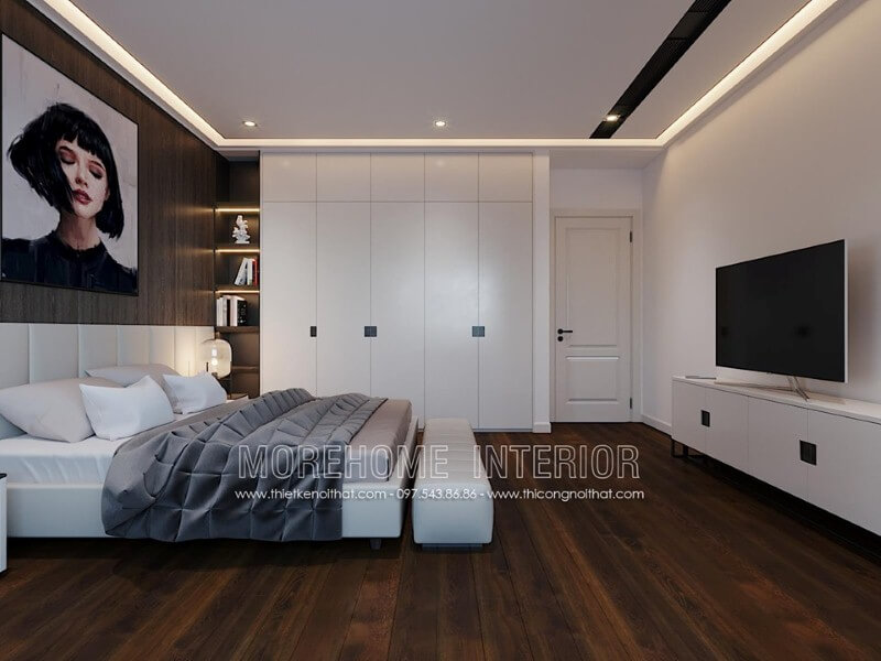 Bố trí nội thất phòng ngủ ấn tượng với tủ quần áo gỗ An Cường kết hợp kệ trang trí sát giường ngủ. Thiết kế nội thất