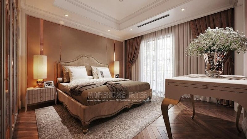 Giường bọc nệm phong cách tân cổ điển đẹp, sang trọng cho phòng ngủ master cao cấp. Thiết kế nội thất