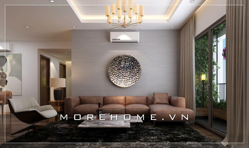 Bố trí nội thất phòng khách với cách lựa chọn sofa hiện đại bọc da sẽ là một trong những lựa chọn khá độc đáo cho căn hộ chung cư. Thiết kế nội thất