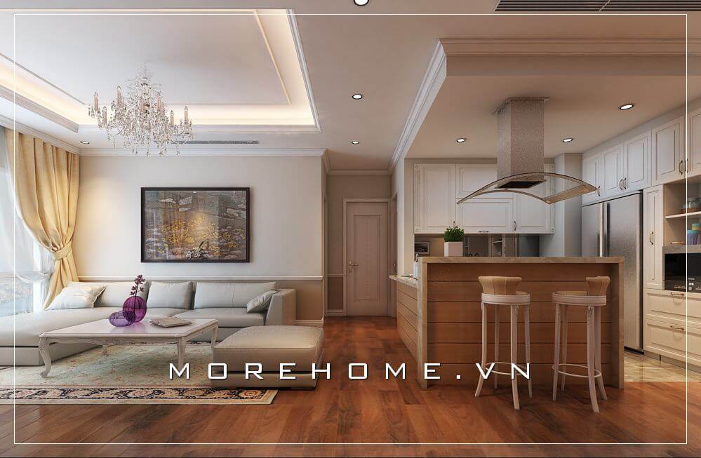 Trang trí nội thất phòng khách liền phòng bếp phong cách hiện đại tạo nên sự tiện nghi cho mọi thành viên trong gia đình Thiết kế nội thất