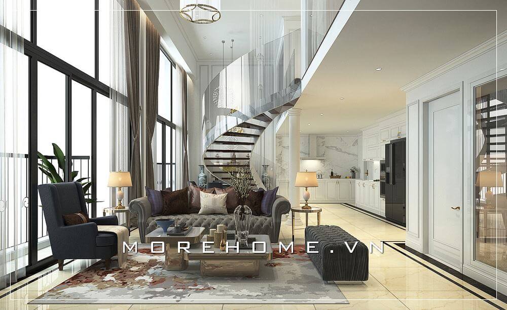 Bố trí nội thất tân cổ điển đẹp dành cho phòng khách trong căn hộ thông tầng như duplex, penthouse. Thiết kế nội thất