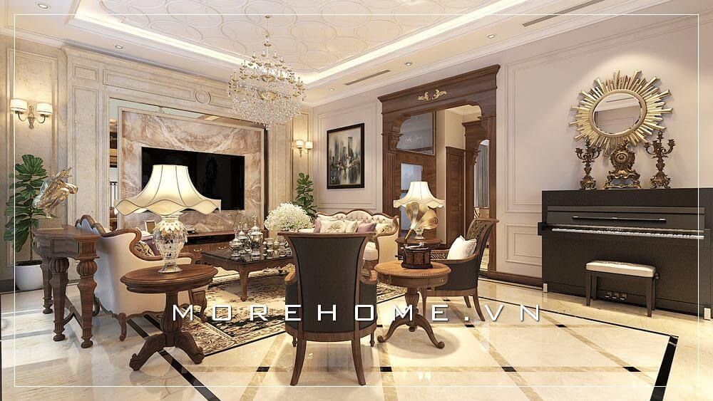 Thiết kế không gian phòng khách biệt thự sang trọng có piano với nội thất tân cổ điển thể hiện cá tính và đẳng cấp của gia chủ Thiết kế nội thất
