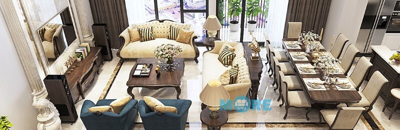 Hoàn thiện, bàn giao bộ sofa Tân cổ điển MS-007 gỗ tự nhiên Óc chó, bọc nỉ cao cấp nhập khẩu tại chung cư Vinhomes Gardenia đẹp