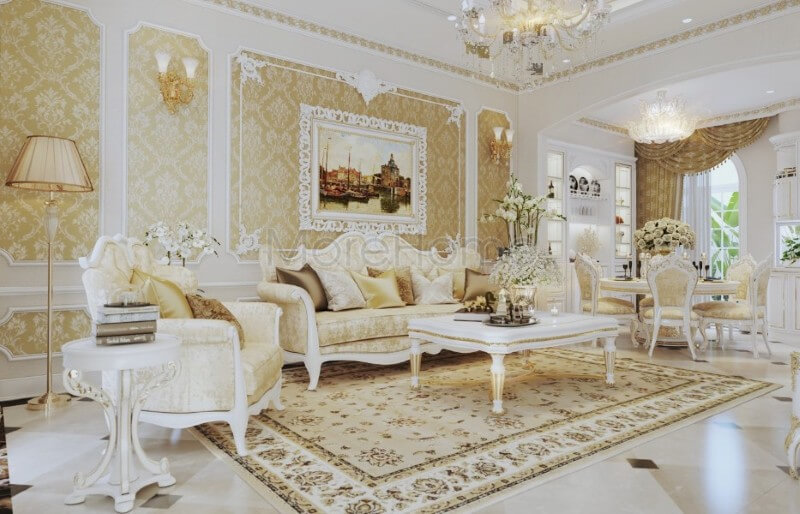 Thiết kế nội thất phòng khách chung cư tân cổ điển được kiến trúc sư đầu tư tỉ mỉ về cả đường nét và màu sắc, thể hiện được đúng cái