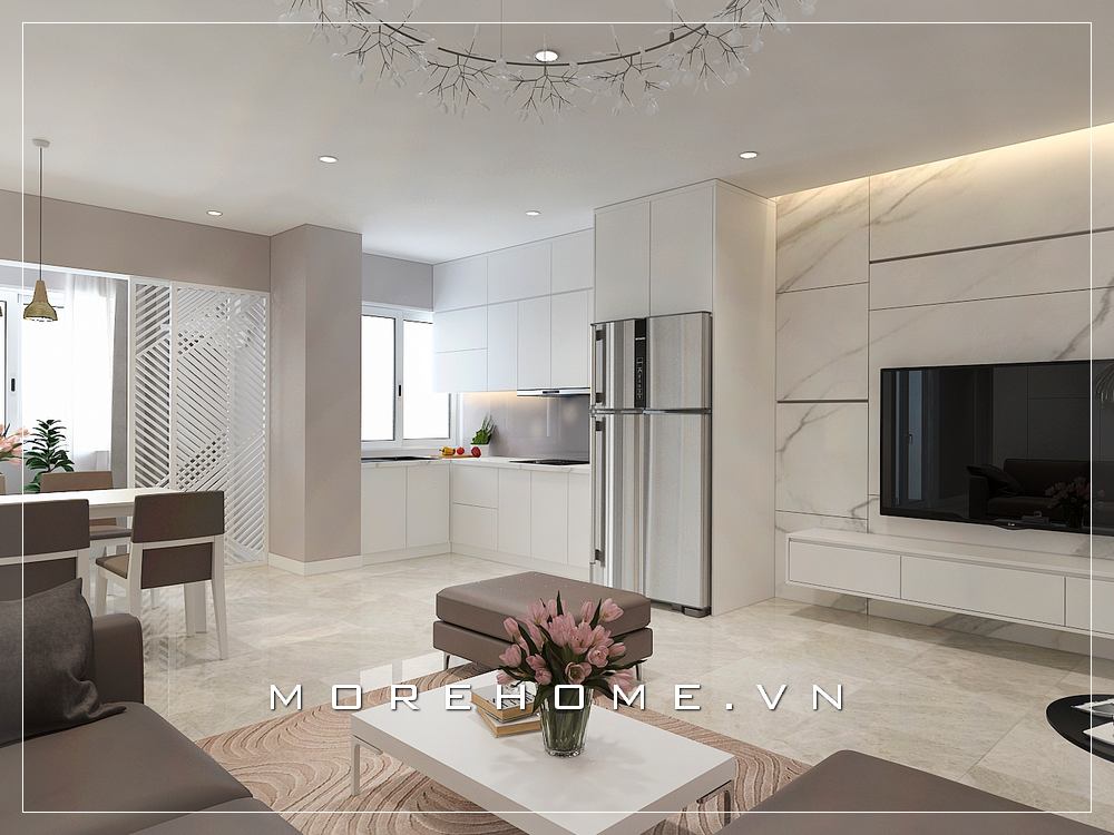 Trang trí phòng khách đẹp nhưng không kém phần độc đáo sang trọng trong cách bố trí phòng khách liền phòng bếp, phòng ăn. Thiết kế nội thất biệt thự