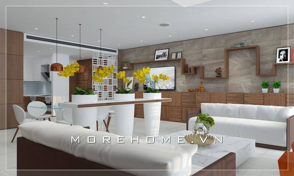 Thiết kế nội thất phòng khách hiện đại, đẹp và trẻ trung với tone màu trắng tinh tế cho nhà chung cư Thiết kế nội thất biệt thự