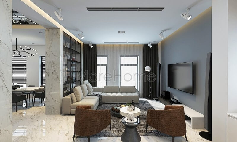 Thiết kế phòng khách nhấn mạnh đến sự tối giản, KTS Morehome sử dụng hầu hết các chi tiết trang trí và các vật dụng hiện đại, không đi sâu vào các chi tiết nhỏ giúp không gian trở nên gọn gàng, tinh tế hơn Lựa chọn những mẫu bố trí phòng khách sang trọng nhất