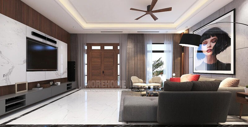 Trang trí nội thất phòng khách hiện đại đẹp, tinh tế từ đá ốp tường vân mây, tranh treo tường nghệ thuật cùng sofa hiện đại cao cấp. Tổng hợp những mẫu thiết kế phòng khách sang trọng
