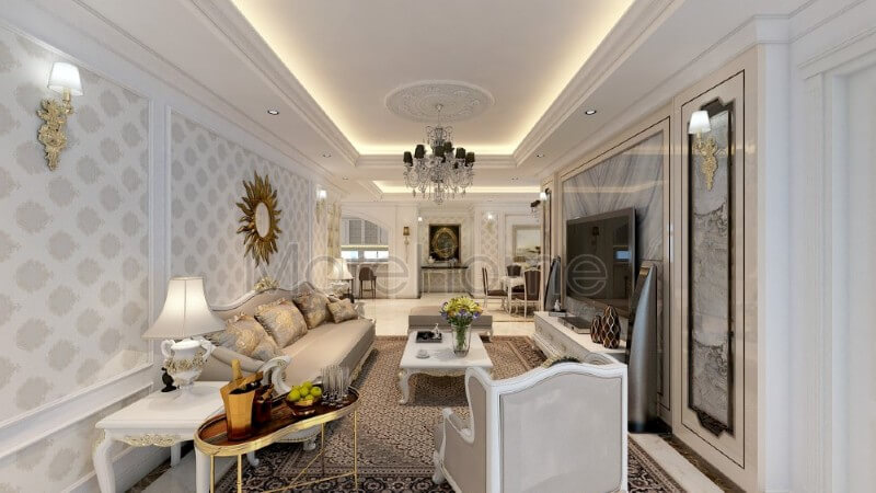 Trang trí nội thất phòng khách chung cư ấn tượng hơn với tone màu trắng sáng được sử dụng tạo điểm nhấn cho các đường nét trạm khắc tinh xảo và khéo léo. Thiết kế phòng khách chung cư
