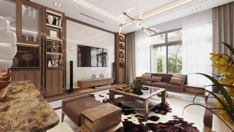 Trang trí nội thất phòng khách ấn tượng, gam màu nâu chủ đạo nhẹ nhàng gợi cảm giác sang trọng và đẳng cấp cho chủ nhân ngôi nhà Lựa chọn mẫu thiết kế phòng khách độc đáo