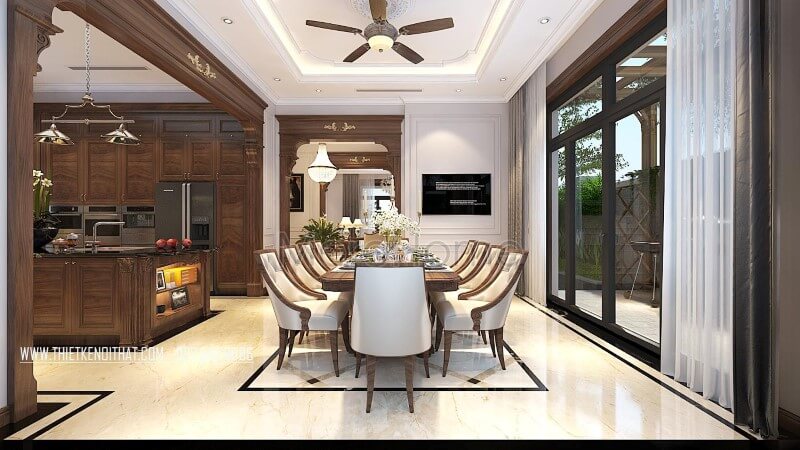 Bộ bàn ăn 10 ghế gỗ óc chó bọc da đẹp sang trọng cho nhà biệt thự Vinhomes Greenbay Hà Nội thiết kế biệt thự