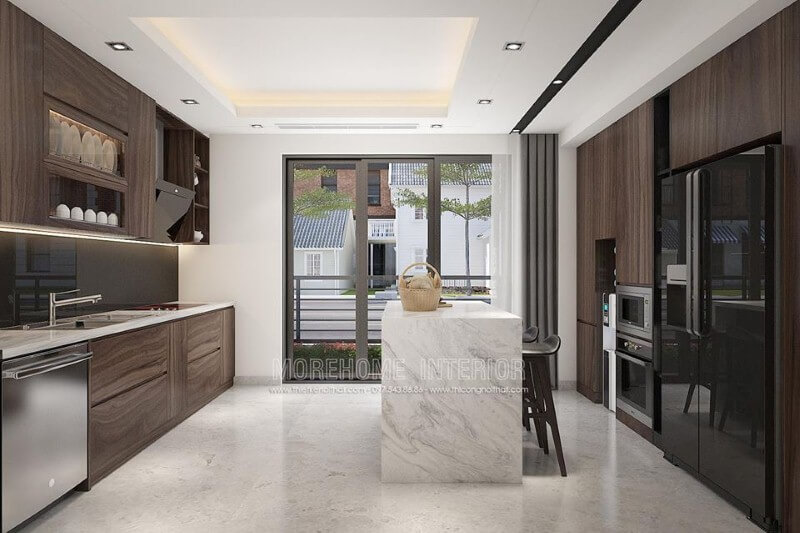 Thiết kế phòng bếp hiện đại ấn tượng với gỗ laminate cao cấp. thiết kế biệt thự
