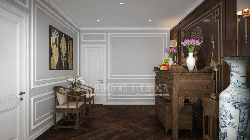 Thiết kế nội thất phòng thờ đẹp, trang trọng hợp phong thủy từ nội thất gỗ óc chó cao cấp. thiết kế biệt thự
