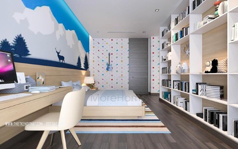 Kệ trang trí phòng ngủ con đẹp, độc đáo với thiết kế tủ kệ trang trí nhiều ngăn giúp không gian trở nên thông thoáng, đẹp mắt. thiết kế biệt thự