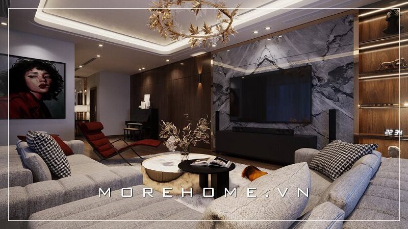 Mẫu thiết kế nội thất phòng khách hiện đại với tông màu xám chủ đạo được yêu thích tại MoreHome thiết kế biệt thự