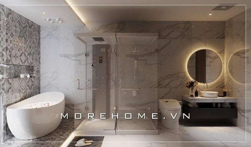 Mẫu thiết kế phòng tắm đẳng cấp với nội thất kết hợp thiết bị vệ sinh cao cấp, sử dụng đá tự nhiên vân mây ốp tường cuốn hút mọi ánh nhìn thiết kế biệt thự