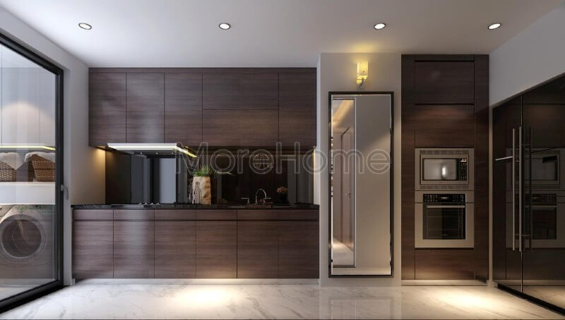 Đá ốp bếp nhân tạo dường như trở thành điểm nhấn ấn tượng khó mà rời mắt