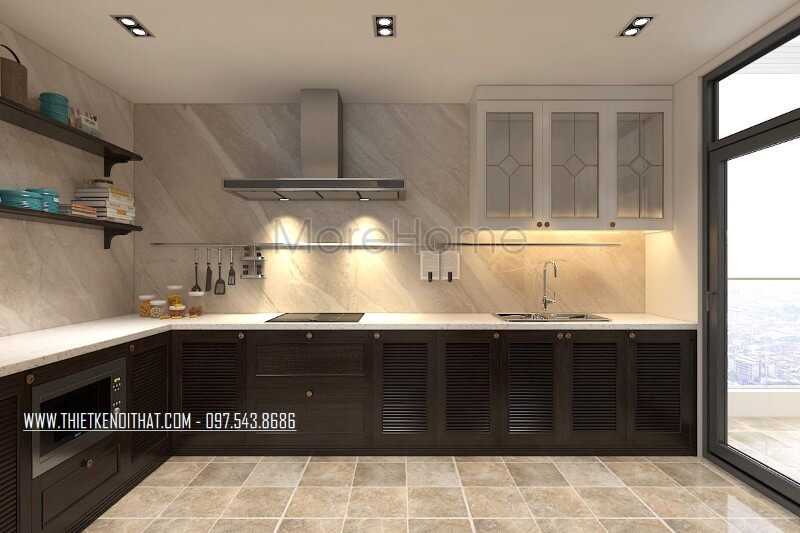 Khu vực nội trợ được ốp đá nhân tạo màu trắng tạo sự tinh tế đảm bảo an toàn vệ sinh và độ bền vượt trội cho khu vực nội trợ.