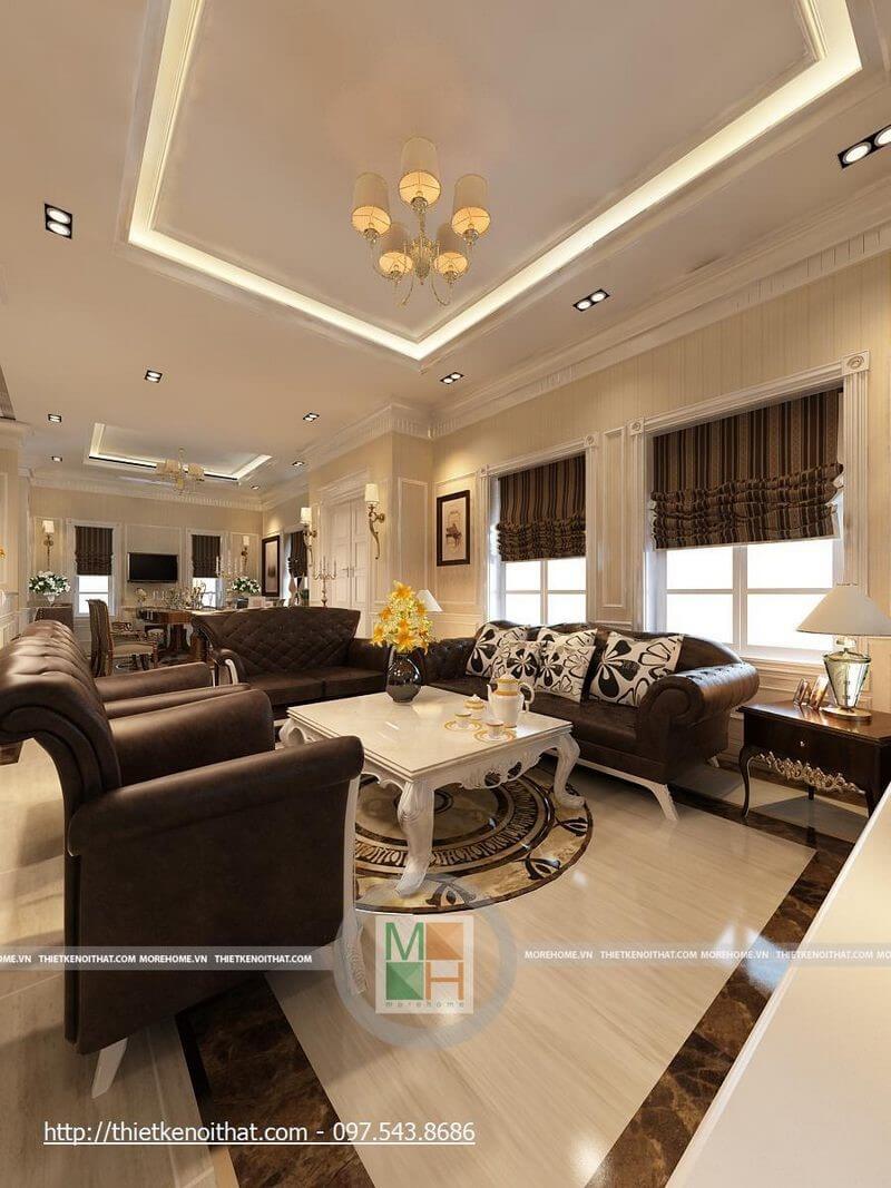Mẫu sofa tân cổ điển bọc da màu nâu trầm tạo điểm nhấn cho thiết kế phòng khách sang trọng Thiết kế phòng bếp tại Hà Nội