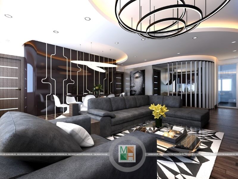 Mẫu thiết kế nội thất phòng khách chung cư cao cấp với đồ nội thất sang trọng: sofa da cao cấp, đèn trang trí, gỗ ốp sàn,...mang đến không gian sống đẳng cấp cho gia chủ Thiết kế phòng khách tại Hà Nội